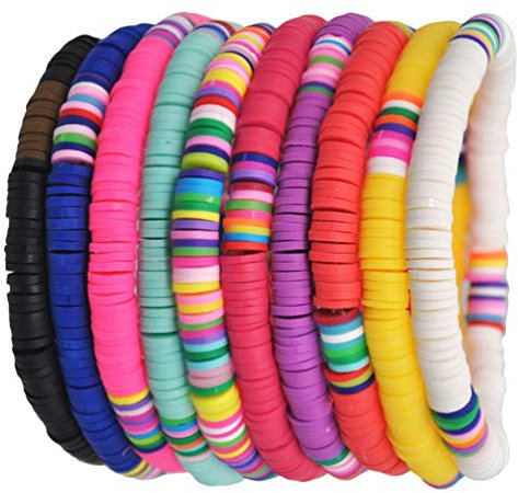 ULTNICE 10 Stück Freundschaftsbänder Vsco Regenbogen Boho Perlen Armband Elastisches Seil Heishi Armband für Frauen Sommer Strand Schmuck (Verschiedene Designs)