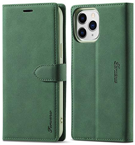 LOLFZ Wallet Case for iPhone 12/12 Pro, Vintage Green Leather with Kickstand and Magnetic Closure