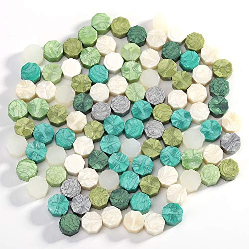 PINKJANE Siegelwachs - 100 Stück Achteckige Siegelwachsperlen, Stempelwachs for Karten, Umschlägen, Briefe, Hochzeitseinladungen Karten, Geschenkbox - Frische grüne Serie, Gemischte Farben