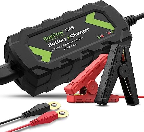 RoyPow LiFePO4 Battery Charger 14.4V 3A Automatic Trickle Battery Charger Maintainer for 12V LiFePO4 Lithium Battery with Alligator Clamp and Ring Terminal