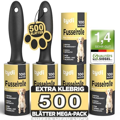 Tydi Rouleaux Anti-Peluches (500 Feuilles) – 2 Poignées & Rouleaux Adhésifs Réutilisables pour Poils d'Animaux & Vêtements