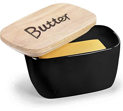 Keramik-Butterdose mit Holzdeckel, großer Butterhalter mit Deckel für Arbeitsplatte, Butterbehälter, perfekt für 2 x 113 ml West/East Coast Butter (schwarz, 6,5 x 4,2 x 3,9)