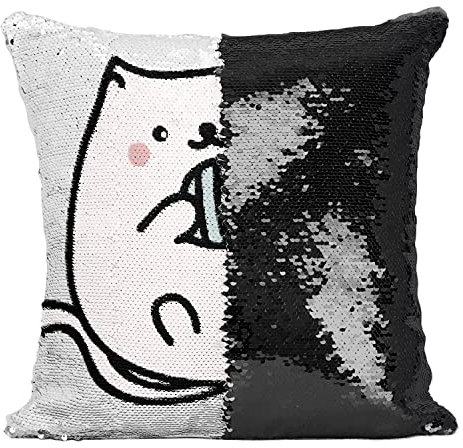 Fabulous Kissen mit Paillettenbezug Schwarz Katze Wollknäuel Zeichnung Niedlich Kawai