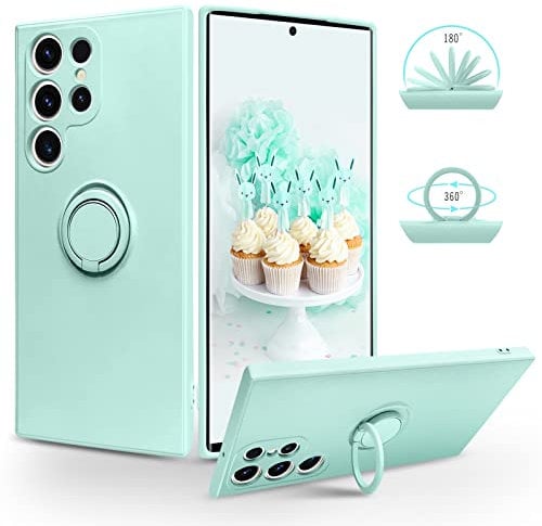 SouliGo for Samsung S23 Ultra Case Silicone Gel 360° Ring Holder Kickstand Magnetic Car Mount Slim Soft Rubber Anti-Scratch Protective Phone Cover for Galaxy S23 Ultra 5G 6.8 2023 - Light Green