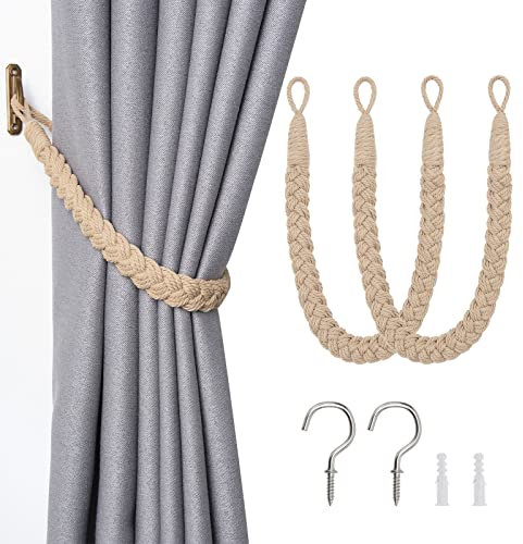 Pretty Jolly Vorhang Raffhalter aus natürlichem Baumwollseil, eleganter, dekorativer Vorhang-Raffhalter im Boho-Stil, weiche, handgewebte Seil-Vorhanghalter für Zuhause und Büro, Dunkelbeige, 2 Stück
