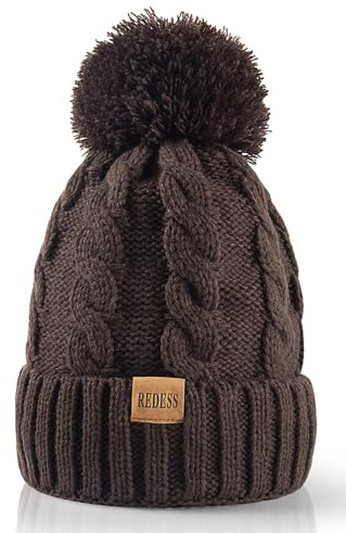 REDESS Women Winter Pompom Beanie Hat with Warm Fleece Lined, Thick Slouchy Snow Knit Skull Ski Cap Olive Green