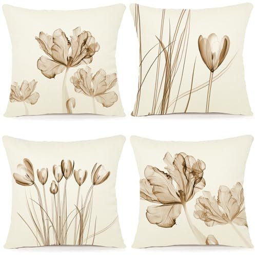 ZWJD Blumen Kissenbezug 45x45 4er Set Outdoor Kissen Dekokissen Leinen Kissenhülle Kissenbezüge Florales Aquarellgemälde Kissenhüllen für Sofa Wohnzimmer Zierkissen 45x45cm