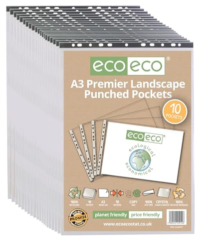 eco-eco Eco014 x 20 Klarsichthüllen, A3 Querformat, 100% recycelt, transparent, transparent, Poly-Brieftaschenschutz, 90 Mikrometer (200 Stück)
