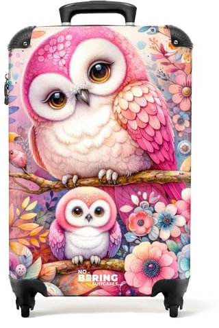 NoBoringSuitcases.com Kinderkoffer, Kinderkoffer Mädchen, Koffer Kinder, Kinder Reisekoffer, Kindertrolley Mädchen, Handgepäck Koffer, Rollkoffer, Handgepäck 55x40x20 cm (Eulen, Blumen - Rosa)