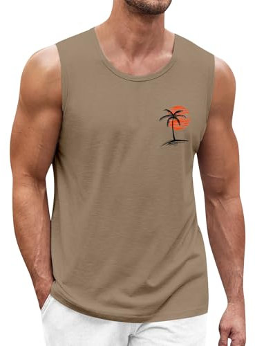 Angebote des Tages Heute Deal Hemd Herren Langarm Sport Shirt Männer Sportshirt Herren Palm Druck Sommer Tops Rundhals Gym Tank Top Sport Shirt (Khaki, S)