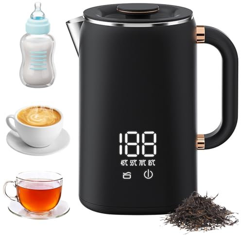 Electric kettle, 1.7L smart digital kettle, temperature settable, 1500W, stainless steel kettle, automatic shut-off and boil-dry protection, black, for coffee, milk and tea