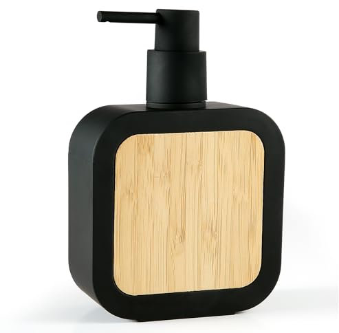 Seifenspender Schwarz Bambus, Seifenspender Küche Spülmittelspender, 390ml Nachfüllbare Handseifenspender für Bad Küche Büro Arbeitsplatte (Schwarz)