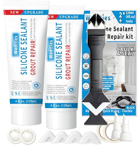 8Oz Noir de Mastic Silicone imperméable, Wadities Kit de réparation de joints de carrelage avec grattoir, anti-rétrécissement et anti-fissure pour salle de bain, douche, cuisine, sol (4Oz, Pack de 2)