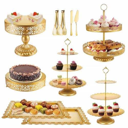 DYUEE Gold Cake Stand Set 11Pcs Metal Cupcake Stand Dessert Table Display Set Vintage Candy Table Display Set Wedding Party Afternoon Tea Dessert Display Stands for Wedding Birthday Party Anniversary