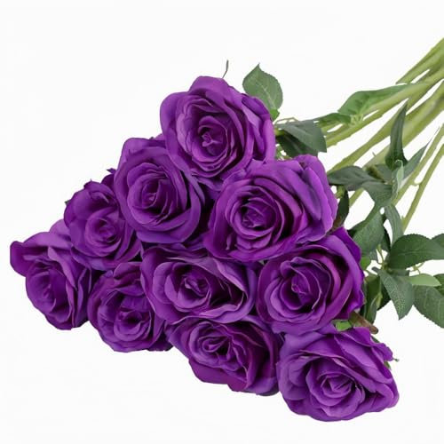 10 Pcs Artificial Roses, Purple Fake Roses Artificials Flowers, with Stems Fake Artificial Purple Rose Silk Flowers, for Home Garden Party Hotel Office Decor