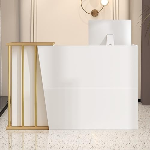 Comptoir de Caisse Blanc Laqué, Comptoir de Réception avec 2 Tiroirs et 1 Armoire, Comptoir D'accueil Table avec Motif Marbre, Comptoir de Vente au Détail pour Maison Bureau(Size:100 cm,Color:a)
