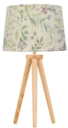 Modern Light Oak Table Lamp or Bedside Light, Wood Tripod Design, Grey and Floral Shade