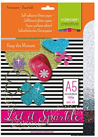 Florence Selbstklebend Glitzerfolie zum Basteln - Schwarz/Weiß Tinte - Papierbasteln 5 Stück - A5 Bastelpapier mit Glitzer für Scrapbooking, Stanzen und Kartengestaltung - 270 gsm