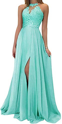Onsoyours Damen Weihnachtskleider Maxikleid Elgant V-Ausschnitt Rückenfrei Neckholde Abendkleider Ärmellos Schulterfrei Cocktailkleid Abschluss Bandage Rücken Kreuz Brautjunfer Langes B Grün 44