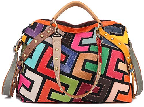 Segater® Damen Multicolor Einkaufstasche Rind Leder-Handtaschen Bunte Patchwork 2019 NEU TOP Bewertet Große Umhängetasche Hobo Taschen (Multicoloured-C)