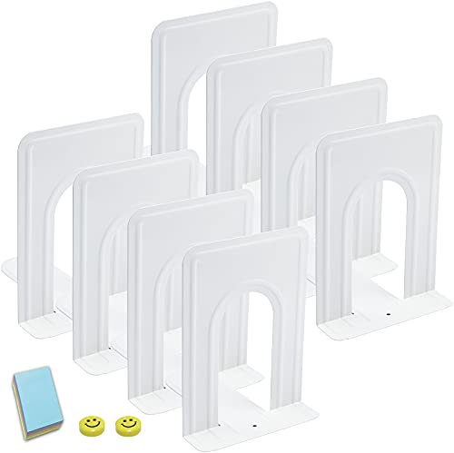 Qualsen Serre Livre Original Cale Livre Etagere Metal Presse Livre Blanc Serre Livres 4 Paires Serre-Livre Bloc Livre pour Étagère Bureau Maison École Dortoir 17 x 12 x 15 cm