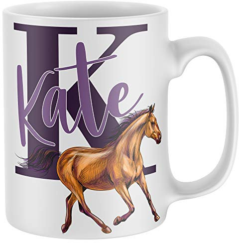 Home & Kitchen Purple Initial and name Horse Mug - Horse Riding Birthday Gifts For Her - Show Jumping Rider, White, One Size