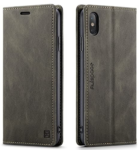LOLFZ Wallet Case for iPhone X iPhone XS, Magnetic Flip Leather Case with RFID Block Card Slots Kickstand Shockproof Protective Cover Compatible with iPhone X XS - Coffee Brown