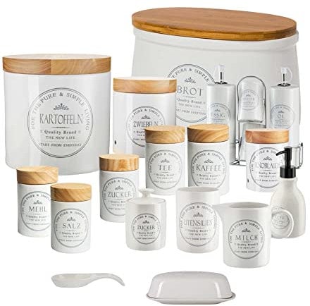 KHG Vorratsdosen Set Keramik Steingut Weiß Holz-Deckel Bambus mit Beschriftung, Vorratsbehälter für Mehl, Zucker, Salz, Kaffee, Tee, Zwiebeln, Knoblauch & vieles mehr im Landhaus Vintage Stil