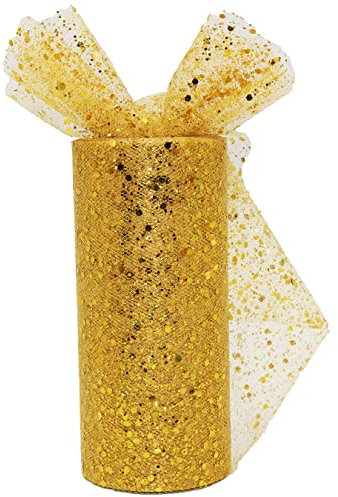 Glitzertüll Pailletten Tüll Stoff 15CM x 25 Yards Tüllband Dekostoff Tüll Rolle für Hochzeit Geburtstag Partyzubehör Bankett Deko Handwerk Rock Schleife Geschenkverpackung Floristik (Gold)
