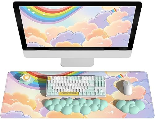 AJAZZ Cloud Keyboard Mouse Pad Wrist Support Set (4Pcs Desk Set),Large & Rest Palm Coaster,Ergonomic Design,Pain Relief,Non-Slip Base,for Home/Office/PC/Mac, Mint Green (4 in 1)