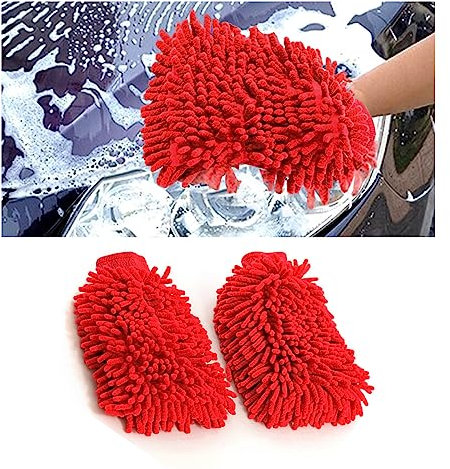JNNJ 2 PCS Autowaschhandschuh, Mikrofaser Waschhandschuh Auto, Außen Zottel-Waschhandschuh für Professionelle Autopflege - 100% kratzfrei & schonend, Entfernt Mühelos hartnäckigen Schmutz(Rot)