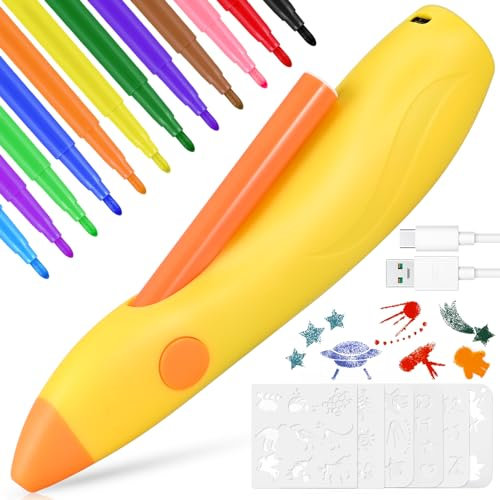 Tigvio Airbrush Set Kinder, Elektrischer Farbsprühstift mit 12 Filzstiften & 6 Schablonen, Airbrush Farben Sprühen für Kinder zum Malen & Zeichnen, Pustestifte mit Akku und USB-Kabel