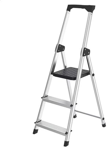 IVOL Escabeau ménager 3 marches argent et noir avec plateau à outils Charge max. 8 kg – Échelle 3 marches Poids seulement 5 kg – 3 hauteurs différentes