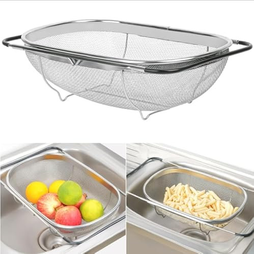 Winter Shore Passoire Inox pour Evier - Passoire Cuisine à Mailles Fines pour Laver, Égoutter, Rincer les Fruits & Légumes - Poignées en Métal Extensibles & Grips de Sécurité en Silicone - Panier 9 l