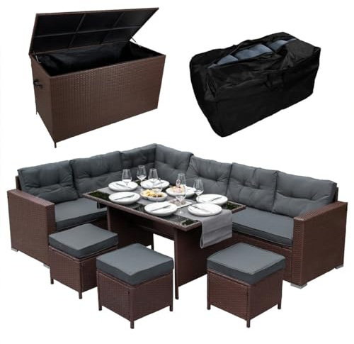 Rattan Sitzgruppe & Gartentruhe | 9-Sitzer Ecksofa mit Hochkerns, Glastisch, großen Kissen & 582L Kissenbox | Für Outdoor & Garten | UV-beständig mit GRATIS Wasserdichte Tasche & Regenschutz [Braun]