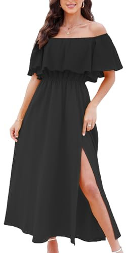CUPSHE Damen Rüschen Blumen Strandkleid Schulterfrei Kurzarm Volant Mieder Schlitz Saum Maxi Sommerkleider, Schwarz, X-Groß