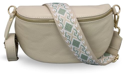 ADEL Bauchtasche Damen Echtleder Emma Gold Handgemachte Umhängetasche Crossbody Bag mit Optionalen Breiten Gemusterten Riemen Stylische Hüfttasche Made in Italy (Beige-Gold 5, Large)