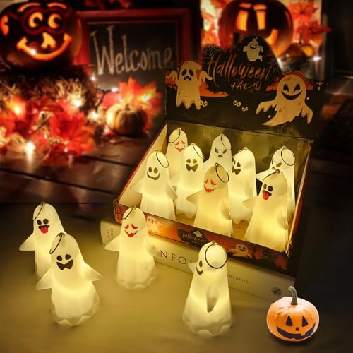 Wzone Halloween Lichterketten Geist Lampe, 12 Stück Emoji Halloween Deko Licht for Outdoor Indoor, Niedlich LED Licht Halloween Dekoration für Innen Außenlaterne Gärten Party Dekoration