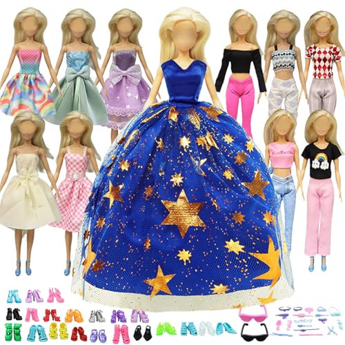 Puppenkleidung kompatibel mit Barbie-Kleidung, 56 Stücke einschließlich 1 blaues Hochzeitskleid 3 Mode 2 Bluse 2 Hosen 20 Paar Schuhe 18 Zubehör zufällig für Weihnachten, Geburtstag 11,5 Zoll Puppe