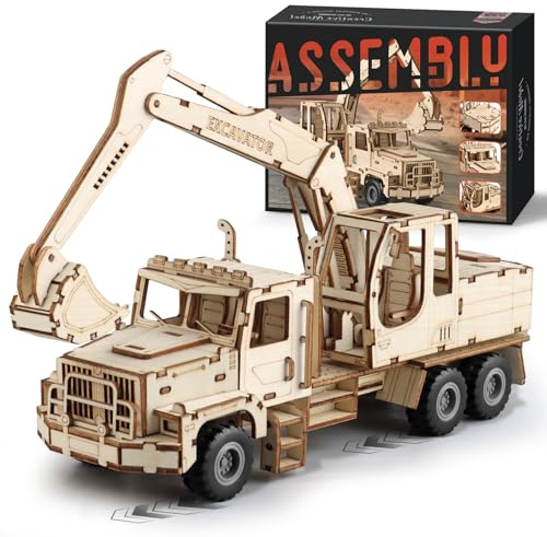 MOCBURIKU 3D Wooden Puzzle for Adults, Excavator Wooden Model Car Kits