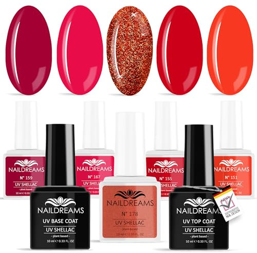 UV Nagellack Set Rottöne – Hochdeckender Shellac für Nägel wie im Nagelstudio – Glänzender Gel-Look, Kratzfest & Langanhaltend – Professionelle Maniküre für Zuhause – Rot