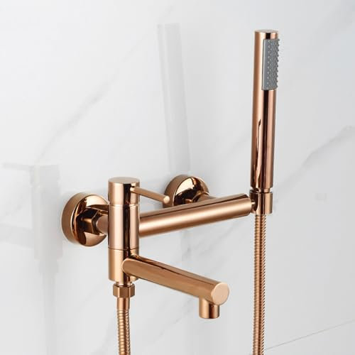 Grifo mezclador de ducha montado en la pared, oro rosa 90, grifo giratorio de una sola palanca, cabezal de ducha y manguera para grifos de baño empresariales