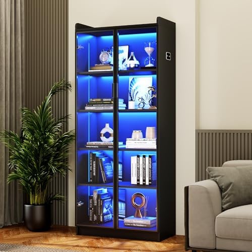 FREDEES Vitrine mit Verstellbaren Einlegeböden, 165cm Hohe Bücherregal Standvitrine mit LED-Leuchten/Personensensor, 5-stöckige Sammlervitrine Schwarz,Transparente Acryltüren