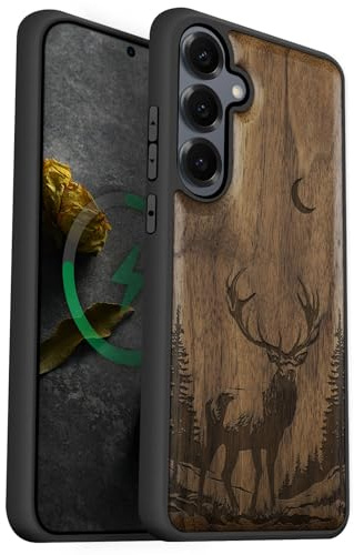 Carveit Holz Hülle für Samsung S25, Nussbaum-Mondmajestät Hirsch | Cover, Handyhülle kompatibel MagSafe Silikon Stoßfeste Case, Magnetisch hull für Galaxy S25 Handyhulle