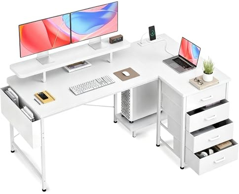 Claiks L Shaped Desk with Drawers, 140x80cm Corner Computer Desk with Power Outlets & USB Ports, Home Office Desk with Storage, Monitor Shelf and PC Holder, White
