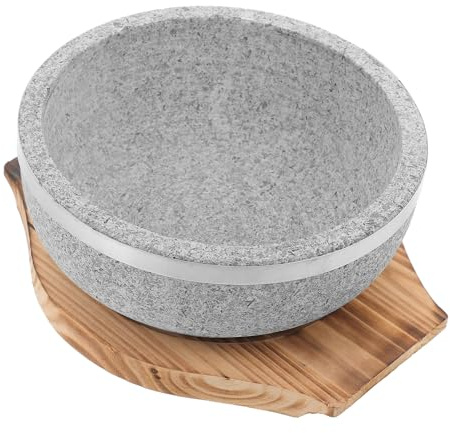 Toyvian Bol à Soupe Coréen en Pierre Naturelle 800ml avec Base en Bois, Résistant à Haute Température, Léger Cuisine Coréenne
