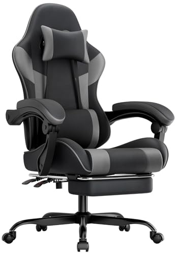 Calivra Sedia da gaming, ergonomica da gioco con poggiapiedi, sedia da gioco, braccioli regolabili, sedia da ufficio, ergonomica, con supporto lombare, nero/grigio (grigio)