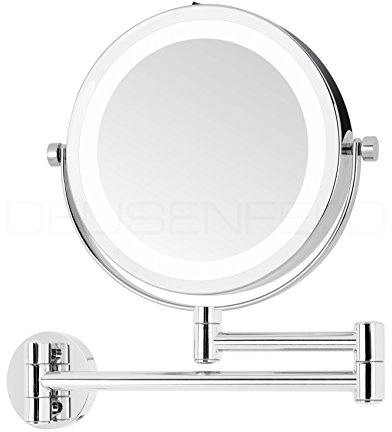 DEUSENFELD WL5CB - Batterie LED Doppel Wand Kosmetikspiegel, 5X Vergrößerung + Normalspiegel, Ø17,5cm, 360° vertikal und horizontal schwenkbar, 35 SMD Tageslicht LEDs, Metall verchromt
