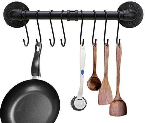 SUMNACON 16 Inch Industrial Pipe Pan Pot Rack with 8-Hooks, Wall Mounted Metal Rail Kitchen Utensil Pot Pan Lid Storage Organizer/Cookware Holder with Hardwares