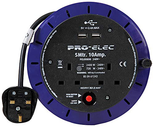 Pro Elec PEL00800 10A 2-Gang Cassette Reel mains Extension with 2x USB Charging Ports, 5 m,Blue
